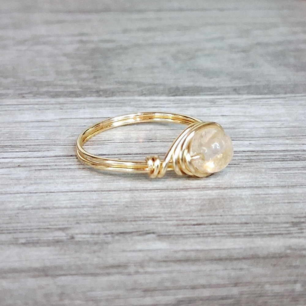 Dainty Clear Quartz Crystal Beaded Ring, Stackable Gemstone Wire Ring, Size 7.5 - Picture 2 of 4